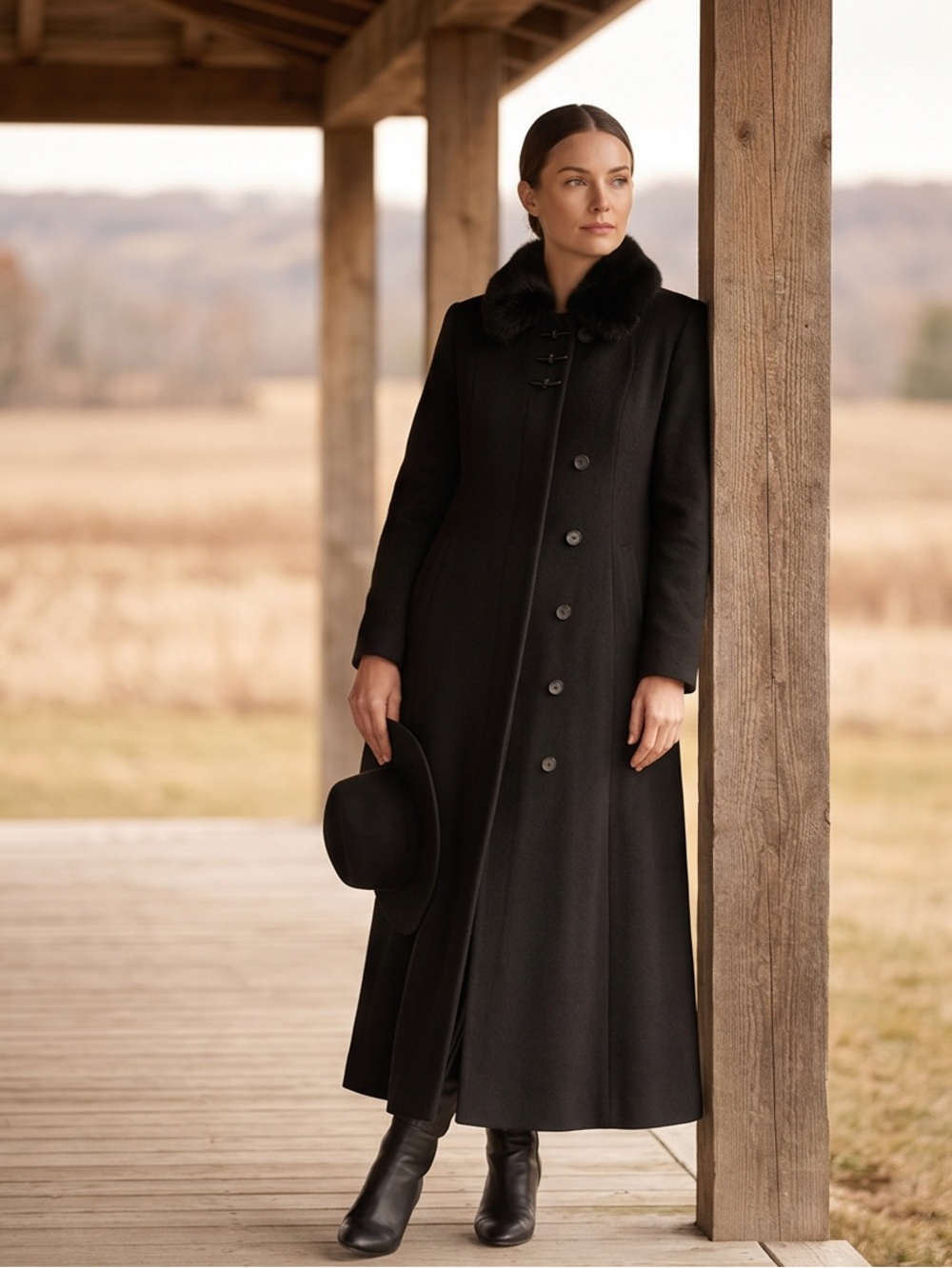 Vintage The Coat Club 100% Wool Long Black Coat Fur Collar Size 12